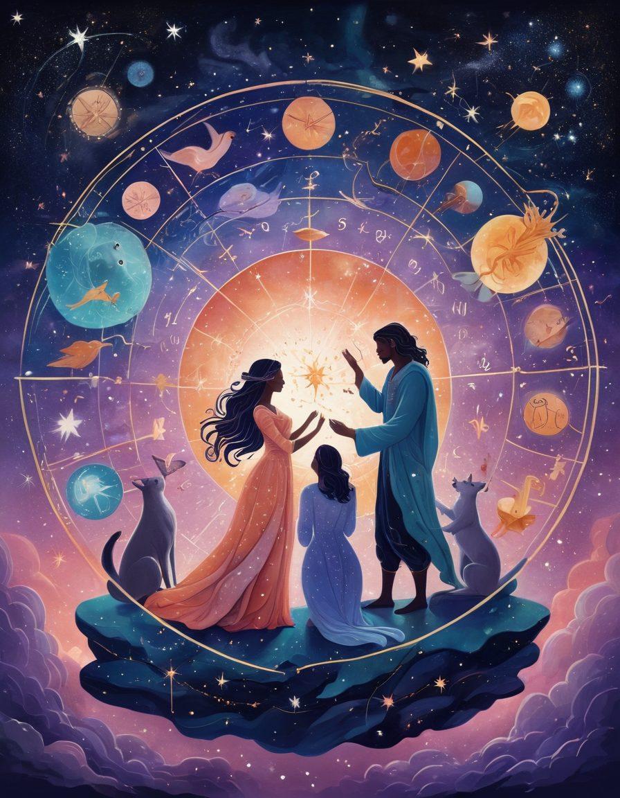A cosmic scene depicting the twelve zodiac signs as whimsical characters interacting with each other, surrounded by ethereal stars and constellations. Each character is expressing emotional connections, showcasing harmony and love, with astrological symbols subtly incorporated in the background. Soft, glowing hues represent the emotional depth of relationships. celestial elements and vibrant colors. dreamy style.