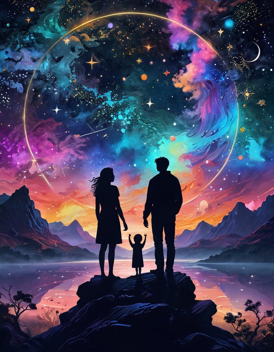 A cosmic landscape depicting two figures gazing at a celestial sky filled with vibrant constellations and astrological symbols. The atmosphere radiates warmth and harmony, surrounded by ethereal swirls representing love and connections. Incorporate elements of nature, like planets and stars, blending seamlessly with the figures to signify unity. Suggest a mystical, dreamy ambiance to evoke a sense of exploration and discovery. vibrant colors. ethereal. digital painting.