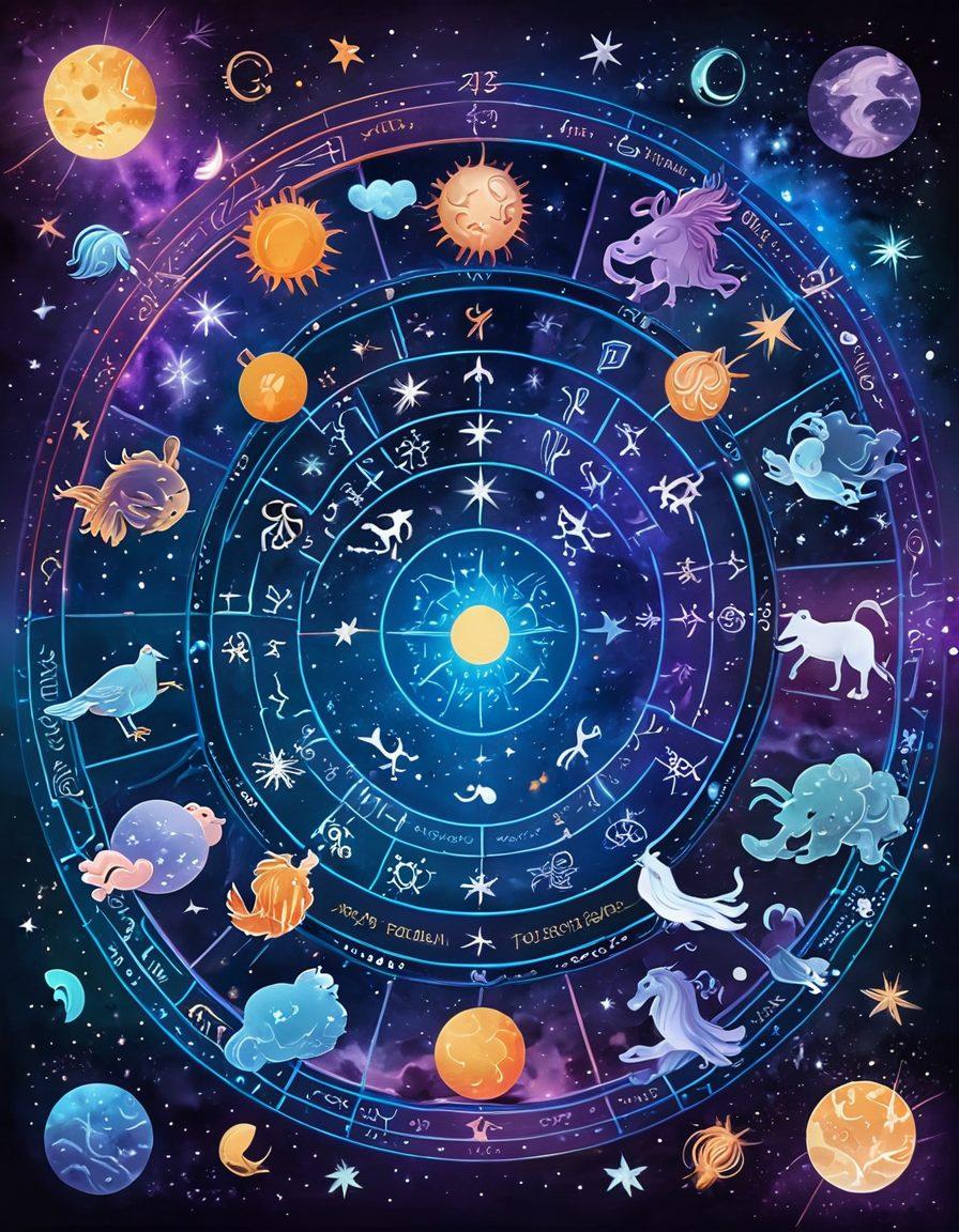 A cosmic-themed illustration featuring the twelve zodiac signs interconnected by celestial lines, symbolizing harmonious relationships. Each sign is surrounded by vibrant astrological symbols and starry backgrounds showcasing their unique attributes. Include a soft glow to represent compatibility and happiness radiating from the center. The overall atmosphere should feel mystical and inviting. super-realistic. vibrant colors. deep space background.